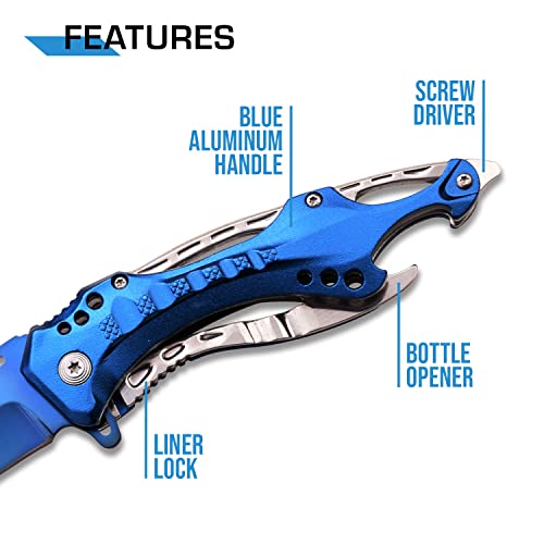 MTech USA – Spring Assisted Folding Knife – Blue TiNite Coated Fine Edge Stainless Steel Blade, Blue Aluminum Handle, Pocket Clip, Tactical, EDC, Self Defense- MT-A705SBL,Blue/Silver