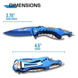 MTech USA – Spring Assisted Folding Knife – Blue TiNite Coated Fine Edge Stainless Steel Blade, Blue Aluminum Handle, Pocket Clip, Tactical, EDC, Self Defense- MT-A705SBL,Blue/Silver