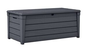 keter brightwood 120 gallon resin large deck box for patio garden furniture, outdoor cushion storage, pool accessories, and toys, grey