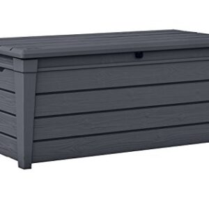 Keter Brightwood 120 Gallon Resin Large Deck Box for Patio Garden Furniture, Outdoor Cushion Storage, Pool Accessories, and Toys, Grey