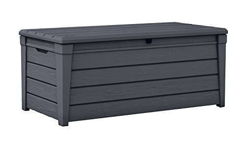 Keter Brightwood 120 Gallon Resin Large Deck Box for Patio Garden Furniture, Outdoor Cushion Storage, Pool Accessories, and Toys, Grey