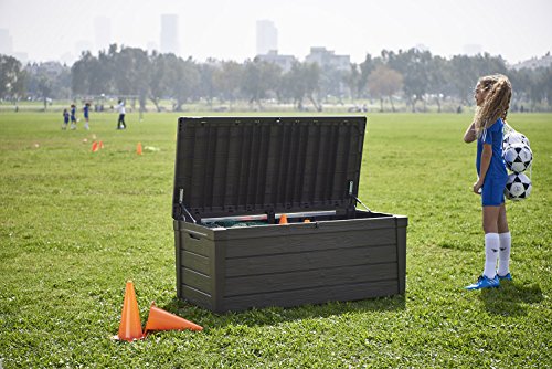 Keter Brightwood 120 Gallon Resin Large Deck Box for Patio Garden Furniture, Outdoor Cushion Storage, Pool Accessories, and Toys, Grey