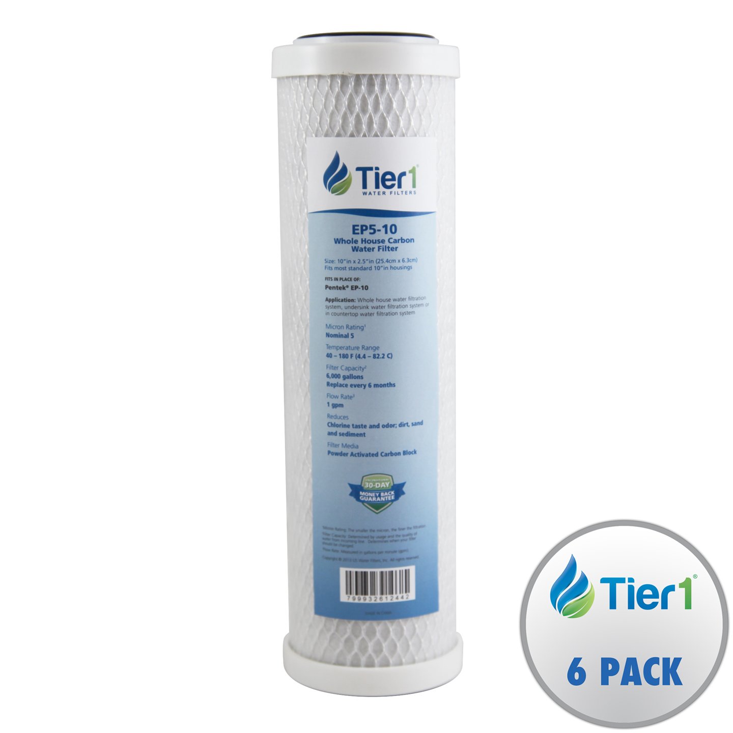 Tier1 5 Micron 10 Inch x 2.5 Inch | 6-Pack Whole House Carbon Block Water Filter Replacement Cartridge | Compatible with Pentek EP-10, 42-34373, 155531-43, CB-25-1005, MAXETW-975, Home Water Filter