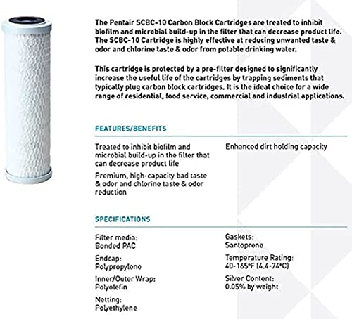 Pentair Pentek SCBC-10 Carbon Water Filter, 10-Inch, Under Sink Silver-Impregnated Carbon Block Replacement Cartridge, 10" x 2.5", 0.5 Micron, White