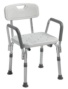 drive medical 12445kd-1 shower chair with back and padded arms, adjustable height shower stool with nonslip feet, tub chair, shower chair for elderly, bath seat with back, 350 lb weight cap, white