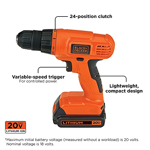 BLACK+DECKER 20V MAX Drill & Home Tool Kit, 34 Piece (BDCD120VA) , Orange