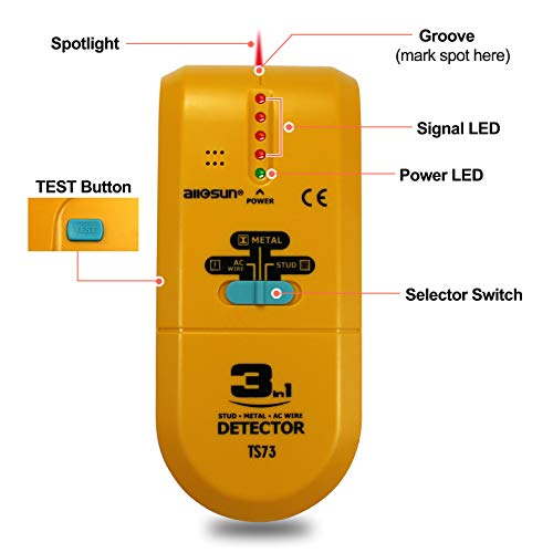 ALLOSUN TS73 3 in 1 LED Wood Stud FinderMulti Stud ScannerElectronic Stud Sensor Wire Cable Wall Metal Detector Finder Home Decoration, yellow