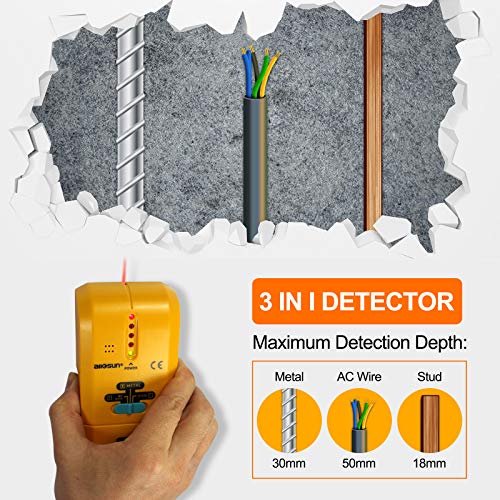 ALLOSUN TS73 3 in 1 LED Wood Stud FinderMulti Stud ScannerElectronic Stud Sensor Wire Cable Wall Metal Detector Finder Home Decoration, yellow
