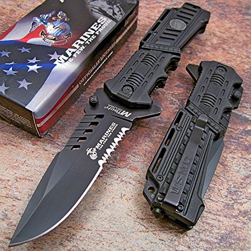 Mtech USA USMC Marines Black Spring Assisted Opening Tactical Rescue Folding Pocket Knife