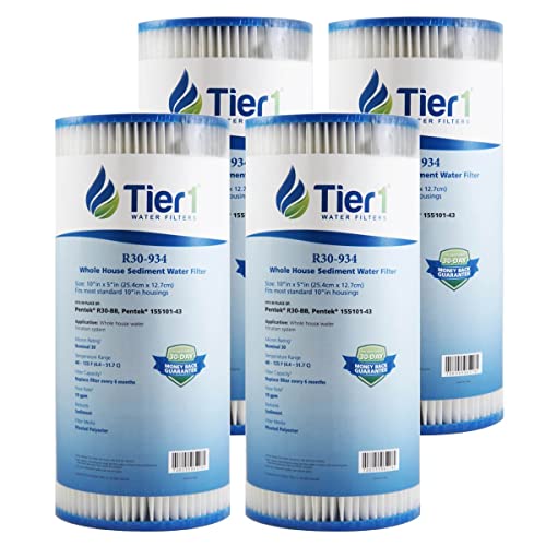 Tier1 30 Micron 10 Inch x 4.5 Inch | 4-Pack Pleated Polyester Whole House Sediment Water Filter Replacement Cartridge | Compatible with Pentek R30-BB, 155101-43, RS6, SPC-45-1030, Home Water Filter