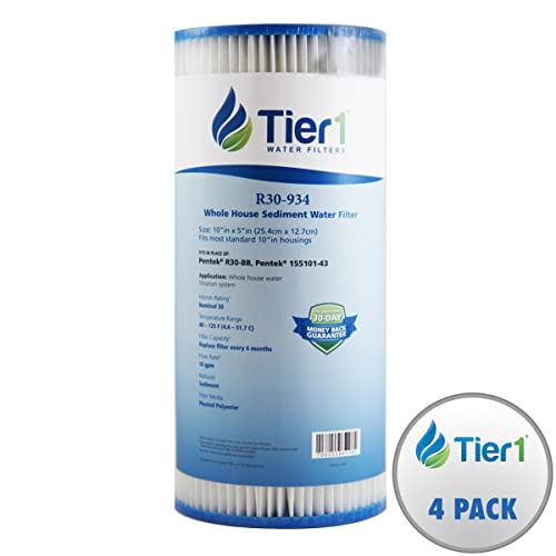 Tier1 30 Micron 10 Inch x 4.5 Inch | 4-Pack Pleated Polyester Whole House Sediment Water Filter Replacement Cartridge | Compatible with Pentek R30-BB, 155101-43, RS6, SPC-45-1030, Home Water Filter