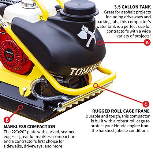 Tomahawk 5.5 HP Honda Vibratory Plate Compactor Tamper with 3.5 Gallon Water Tank for Ground, Gravel, Dirt, Asphalt, Compaction GX160 Engine