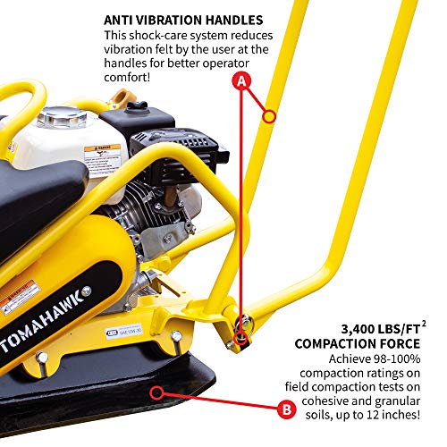 Tomahawk 5.5 HP Honda Vibratory Plate Compactor Tamper with 3.5 Gallon Water Tank for Ground, Gravel, Dirt, Asphalt, Compaction GX160 Engine