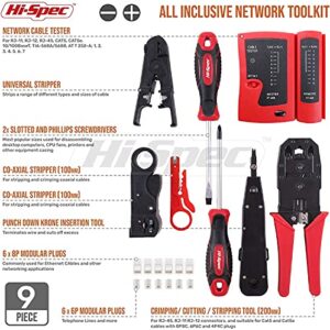 Hi-Spec 9pc Network Cable Tester Tool Kit Set for CAT5, CAT6, RJ11, RJ45. Ethernet LAN Crimper, Punchdown, Coax Stripper & More