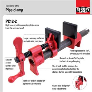 BESSEY PC12-2, 1/2 In. Traditional Style Pipe Clamps - Incredibly Versatile, Easy To Assemble, Indespensable Workshop Clamp For Woodworking, Carpentry, Home Improvement, and DIY Projects