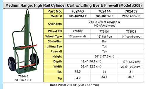 Sumner 782444 209-16FB-LF Double Cylinder Cart, Medium Range, High Rail with Lifting Eye and Firewall, 16" Flat Free Wheel