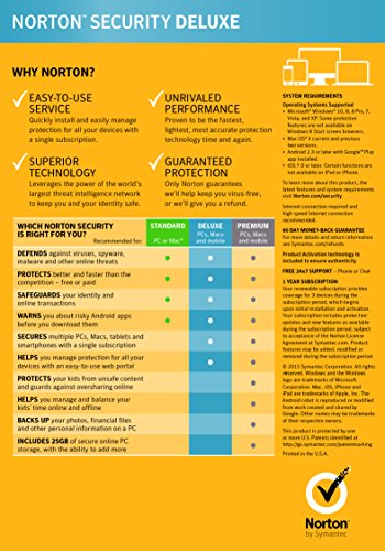 Symantec Norton Security Deluxe – 3 Devices – 1 Year Subscription [PC/Mac/Mobile Key Card]