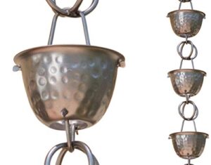 monarch rain chains 50584 aluminum hammered cup rain chain, 8-1/2 feet length replacement downspout for gutters, 8.5', pewter