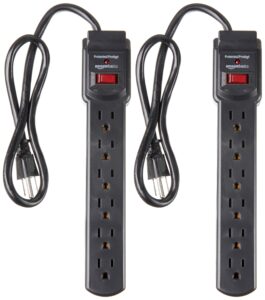amazon basics 6-outlet, 200 joule surge protector power strip, 2 foot, black - pack of 2