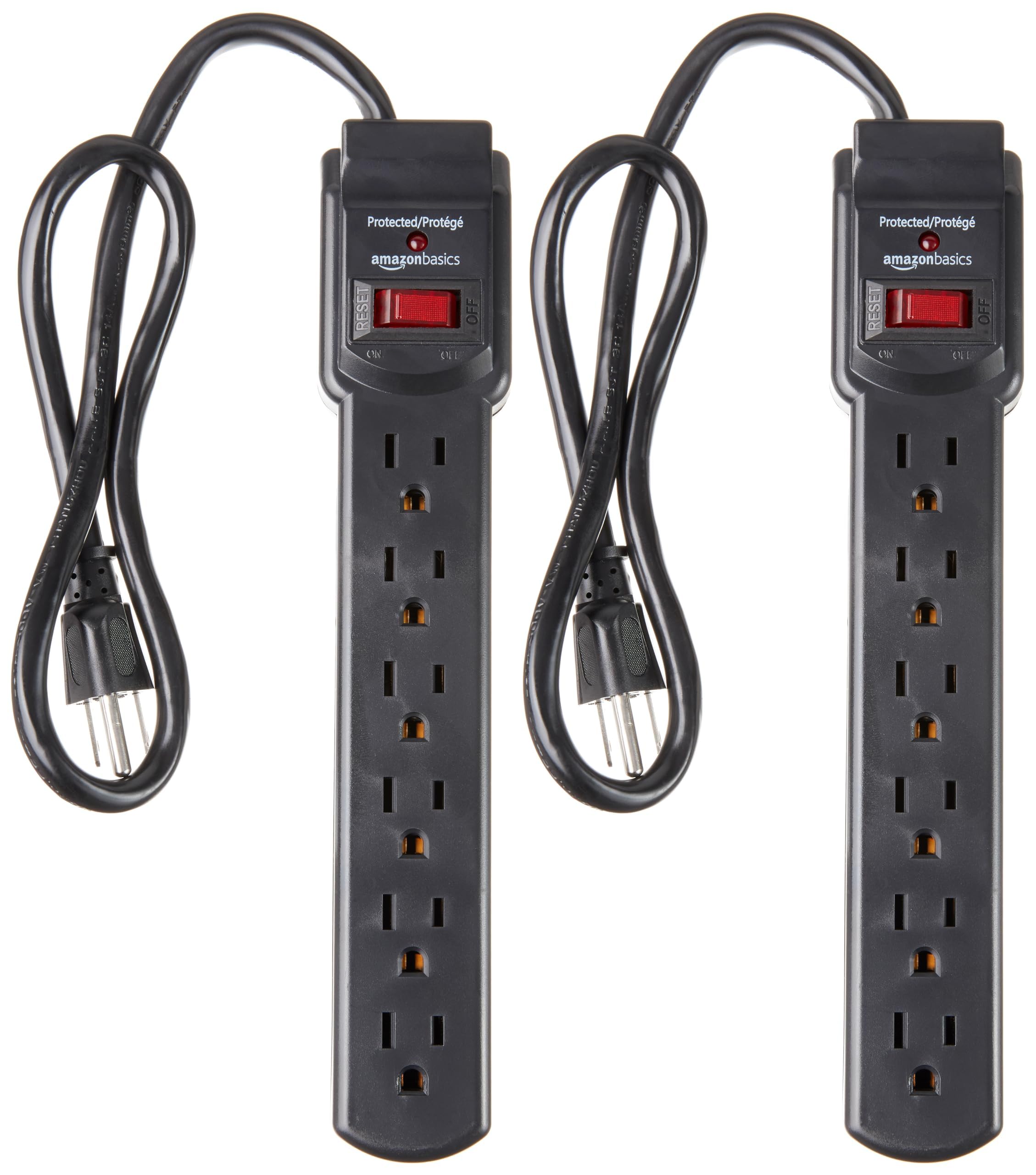 Amazon Basics 6-Outlet, 200 Joule Surge Protector Power Strip, 2 Foot, Black - Pack of 2