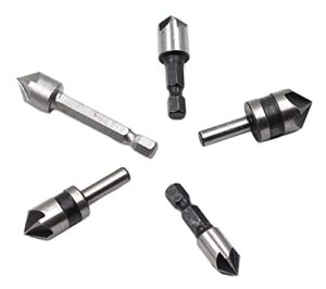 chiloskit 5pc industrial 5 flutes 82 degree countersink drill bit set wood metal working chamfer and deburring tool