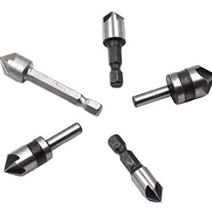 Chiloskit 5pc Industrial 5 Flutes 82 Degree Countersink Drill Bit Set Wood Metal Working Chamfer and Deburring Tool