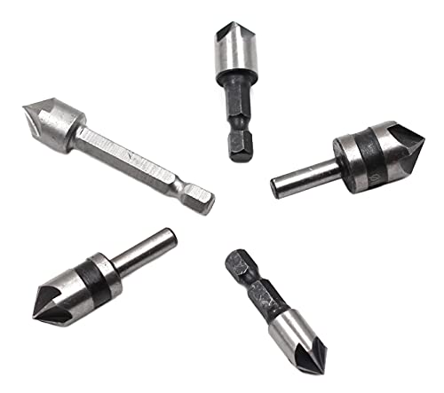 Chiloskit 5pc Industrial 5 Flutes 82 Degree Countersink Drill Bit Set Wood Metal Working Chamfer and Deburring Tool