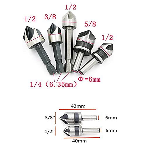 Chiloskit 5pc Industrial 5 Flutes 82 Degree Countersink Drill Bit Set Wood Metal Working Chamfer and Deburring Tool