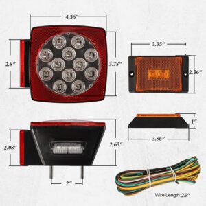 Partsam 12V Waterproof Square LED Trailer Tail Light Kit Clear Lens Red Trailer Brake Stop Tail Turn Signal Running Lights License Kit for Camper Truck RV Boat Trailer Snowmobile Marine Under 80"