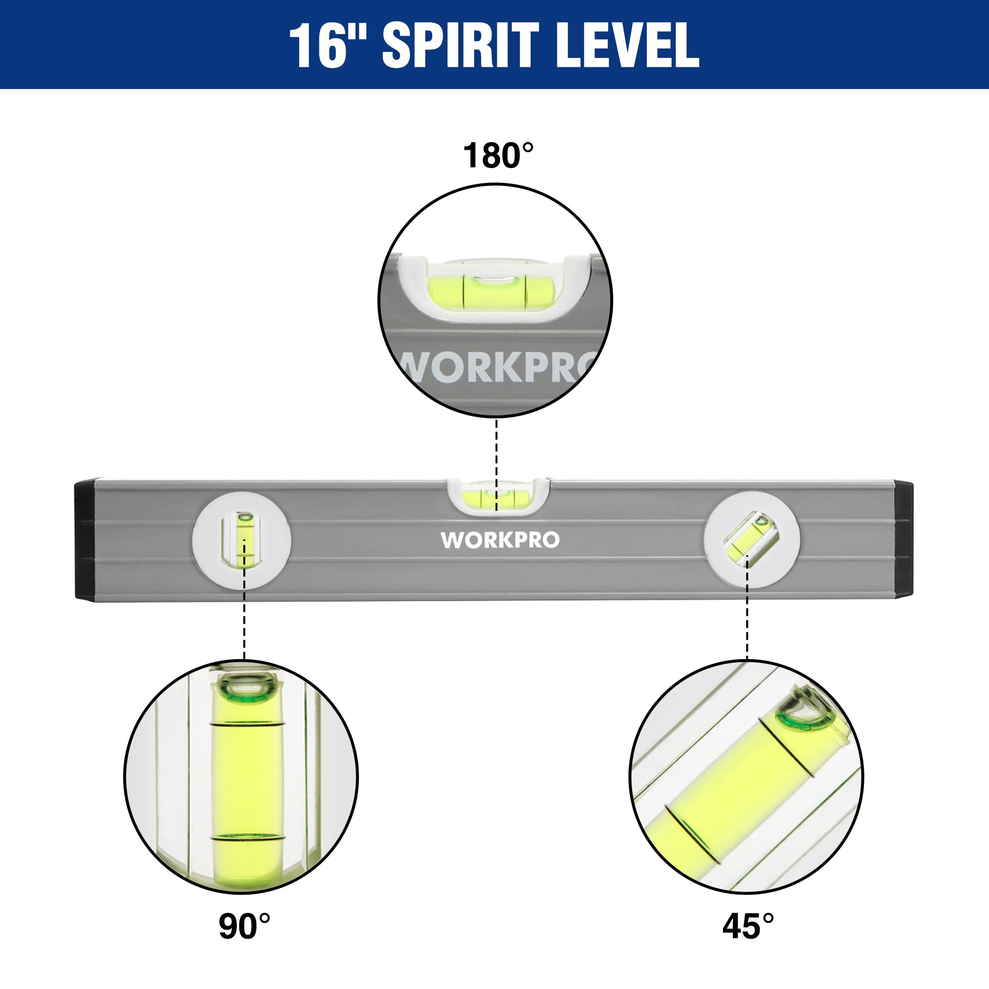 WORKPRO Torpedo Level, 3-Piece Spirit Level Set(9", 16", 24"), Magnetic, Bubbles Measuring, Clear,green