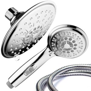 Hydroluxe 30-Setting Ultra-Luxury 6 inch Rainfall Shower Head & Handheld 3-way Combo with Water Saving Pause Switch and Stainless Steel Hose/Enjoy Separately or Together! Premium All Chrome Finish