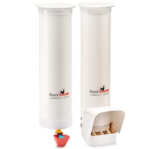 royal rooster chicken feeder and chicken waterer set - 7 lb poultry chicken feeder with rain cover and 1 gallon waterer system - chicken coop accessories: valve-cup waterer and gravity-feed feeder set