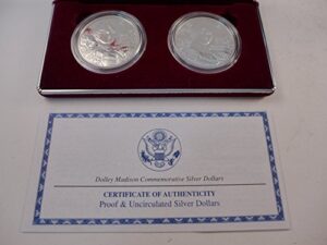 1999 dolley madison silver dollars two piece set proof and uncirculated gem uncirculated