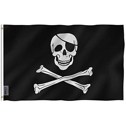 Anley Fly Breeze 3x5 Foot Jolly Roger Flag with Patch - Vivid Color and Fade proof - Canvas Header and Double Stitched - Pirate Flags Polyester with Brass Grommets 3 X 5 Ft