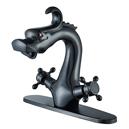 Senlesen Dragon Shape Oil Rubbed Bronze Bathroom Sink Faucet Deck Mount Single Hole Double Handle Cross Knobs Vanity Sink Basin Mixer Tap with Cover Plate Without Pop Up Drain