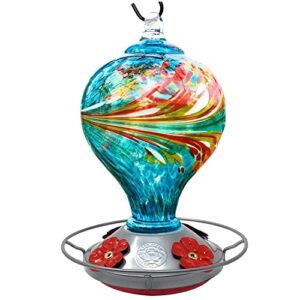 hummingbird feeder by grateful gnome - large hand blown stained glass feeder for garden, patio, outdoors, window with accessories s-hook, ant moat, brush - 36fl oz, large blue egg design
