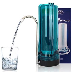 apex mr-1030 countertop water filter, 3 stage gac calcite kdf-55 water filter for sink, easy install faucet water filter - reduces heavy metals, bad taste and up to 99% of chlorine - green