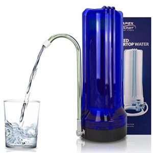 apex mr-1030 countertop water filter, 3 stage gac calcite kdf-55 water filter for sink, easy install faucet water filter - reduces heavy metals, bad taste and up to 99% of chlorine - blue