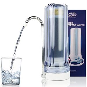 apex mr-1030 countertop, 3 stage gac calcite kdf-55 water filter for sink, easy install faucet water filter - reduces heavy metals, bad taste and up to 99% of chlorine - clear
