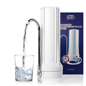 apex mr-1030 countertop water filter, 3 stage gac calcite kdf-55 water filter for sink, easy install faucet water filter - reduces heavy metals, bad taste and up to 99% of chlorine - white