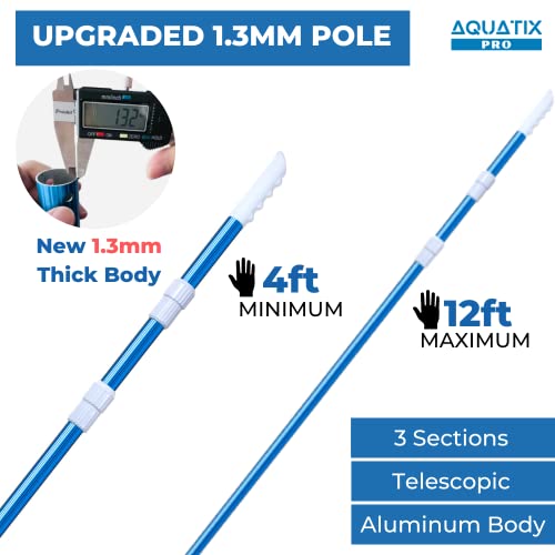 Aquatix Pro Swimming Pool Pole, 12 Foot, 1.3mm Commercial Thickness, Strong Holding Power, 3 Section 4-12ft Extendable Aluminium Telescopic Pole for Skimmer Nets, Vacuum Heads, Brushes, Grip & Lock