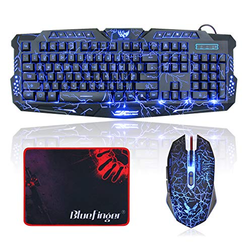 BlueFinger Gaming Keyboard and Mouse,USB Wired Backlit Gaming Mouse and Keyboard Combo,Letters Glow, 3 Color Crack Backlit,Illumination Keyboard and Mouse Set for Game and Work