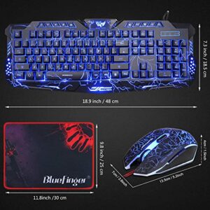 BlueFinger Gaming Keyboard and Mouse,USB Wired Backlit Gaming Mouse and Keyboard Combo,Letters Glow, 3 Color Crack Backlit,Illumination Keyboard and Mouse Set for Game and Work