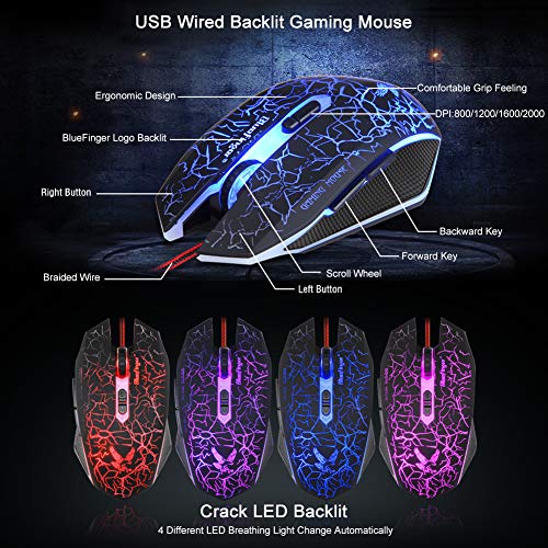 BlueFinger Gaming Keyboard and Mouse,USB Wired Backlit Gaming Mouse and Keyboard Combo,Letters Glow, 3 Color Crack Backlit,Illumination Keyboard and Mouse Set for Game and Work