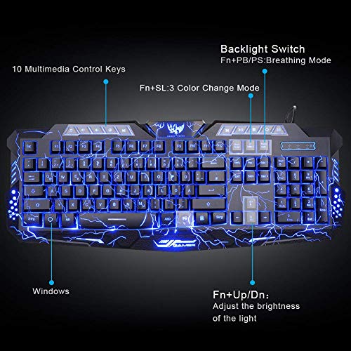 BlueFinger Gaming Keyboard and Mouse,USB Wired Backlit Gaming Mouse and Keyboard Combo,Letters Glow, 3 Color Crack Backlit,Illumination Keyboard and Mouse Set for Game and Work