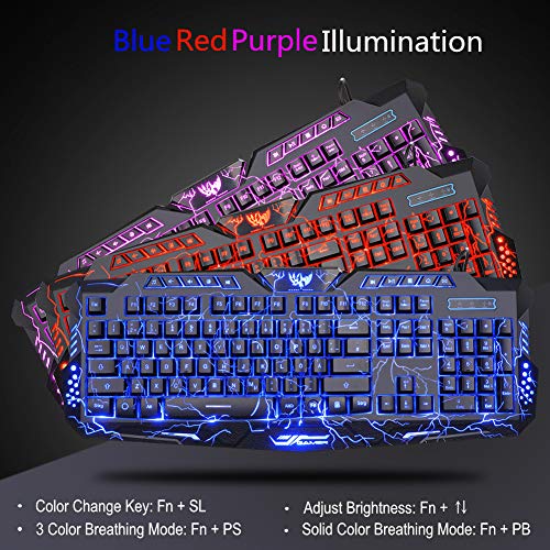 BlueFinger Gaming Keyboard and Mouse,USB Wired Backlit Gaming Mouse and Keyboard Combo,Letters Glow, 3 Color Crack Backlit,Illumination Keyboard and Mouse Set for Game and Work