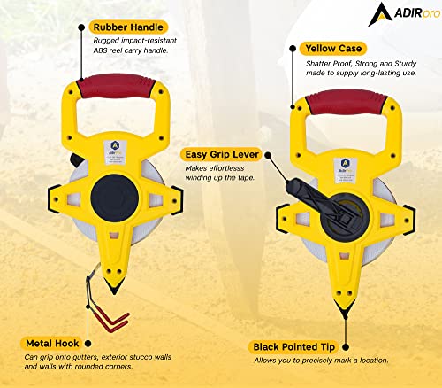 AdirPro Fiberglass 100' Appraiser’s Measuring Tape Tape Rule with Extra Large Metal End Hook for Precise Measurements, Perfect for Appraisers, Surveyors, Landscapers