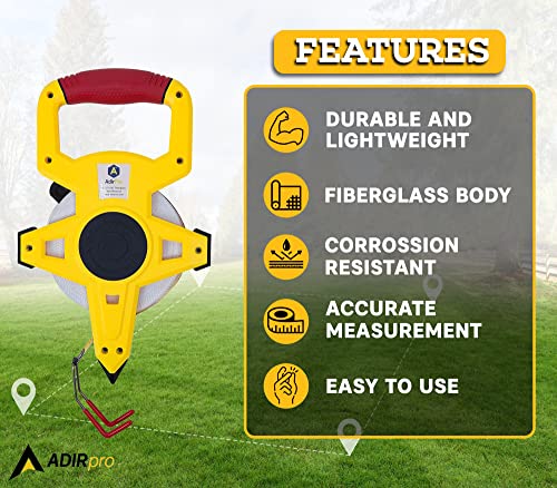 AdirPro Fiberglass 100' Appraiser’s Measuring Tape Tape Rule with Extra Large Metal End Hook for Precise Measurements, Perfect for Appraisers, Surveyors, Landscapers