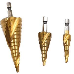 3pc hss titanium coated spiral flute step drill bit for wood soft metal woodworking tool bit,4-12/20/32mm