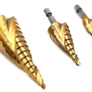 3pc HSS Titanium Coated Spiral Flute Step Drill Bit for Wood Soft Metal Woodworking Tool Bit,4-12/20/32mm